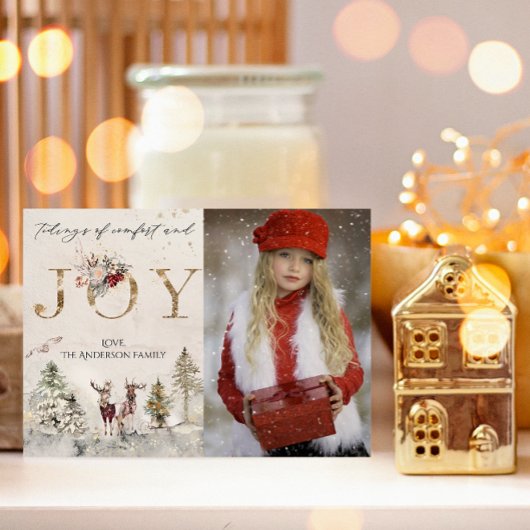 Rustic Forest Woodland Deer Joy-kerstfoto Feestdagenkaart