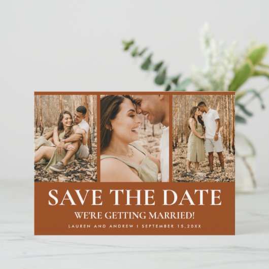 Rustic Foto Boho Terracotta Burnt Sinaasappel Wedd Save The Date (Staand voorkant)