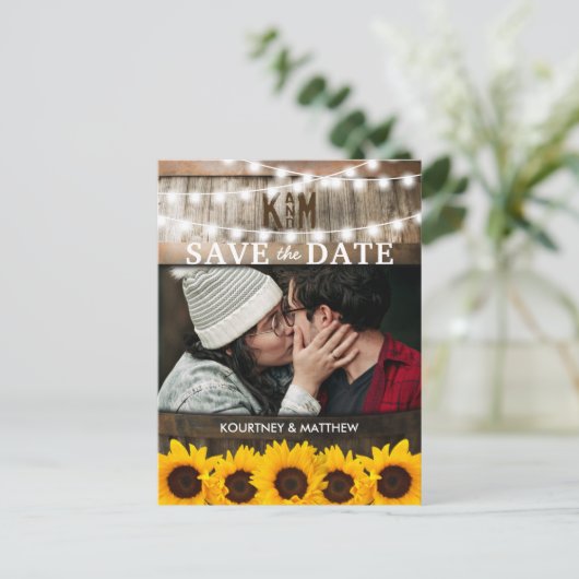Rustic Foto slaat de datum op | Zonnebloem Aankondigingskaart (Staand voorkant)