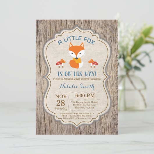 Rustic Fox Baby shower Invitation Boy Kaart (Staand voorkant)