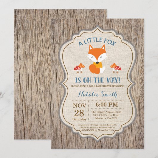 Rustic Fox Baby shower Invitation Boy Kaart (Voorkant / Achterkant)