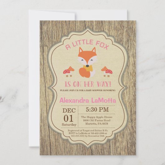 Rustic Fox Baby shower Invitation Girl Kaart (Voorkant)