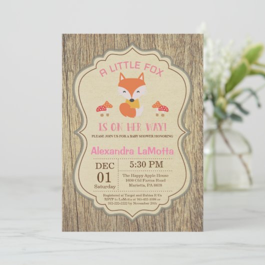 Rustic Fox Baby shower Invitation Girl Kaart (Staand voorkant)