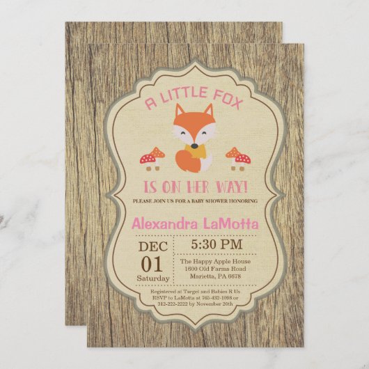 Rustic Fox Baby shower Invitation Girl Kaart (Voorkant / Achterkant)