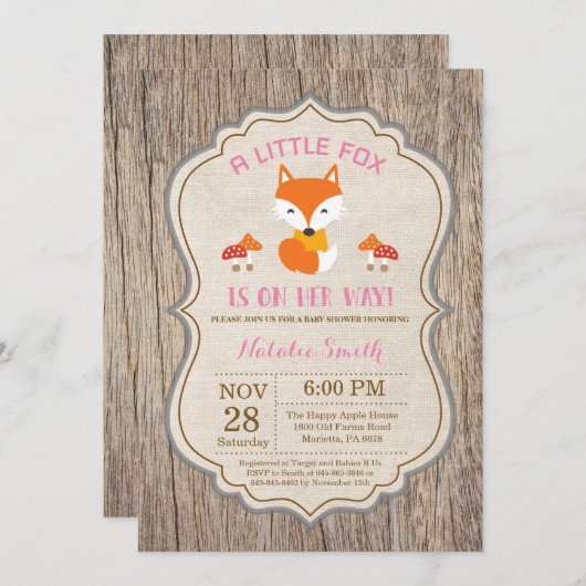 Rustic Fox Baby shower Invitation Girl Kaart (Voorkant / Achterkant)