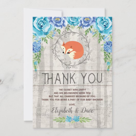 Rustic Fox Blue Floral Woodland Boy Baby shower Bedankkaart (Voorkant)