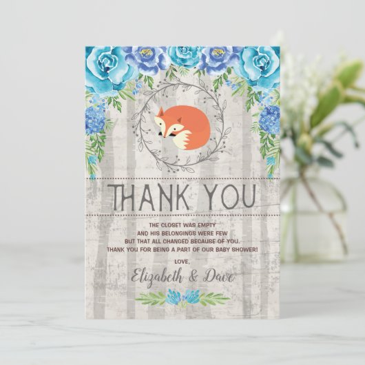 Rustic Fox Blue Floral Woodland Boy Baby shower Bedankkaart (Staand voorkant)