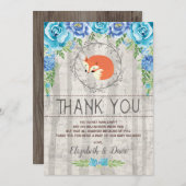 Rustic Fox Blue Floral Woodland Boy Baby shower Bedankkaart (Voorkant / Achterkant)