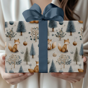 Rustic Fox en kerstboom en Bauble in blauw Cadeaupapier