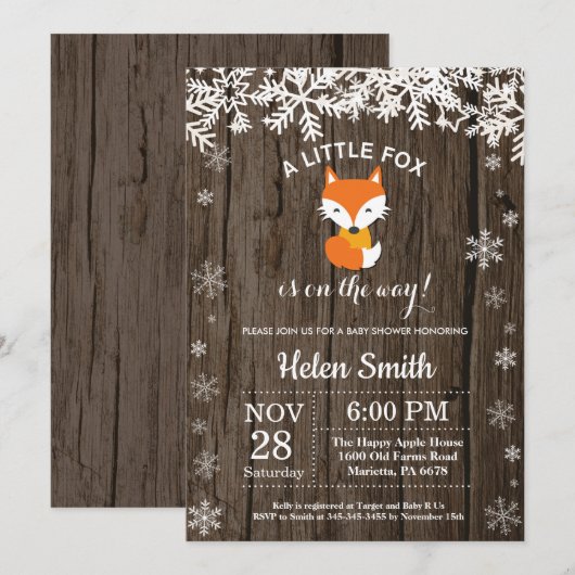 Rustic Fox Winter Baby shower Invitation Kaart (Voorkant / Achterkant)