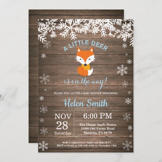 Rustic Fox Winter Boy Baby shower Kaart (Voorkant / Achterkant)