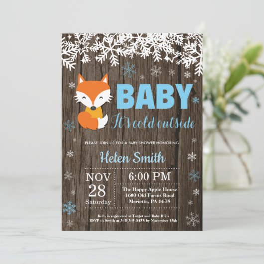 Rustic Fox Winter Boy Baby shower Kaart (Staand voorkant)