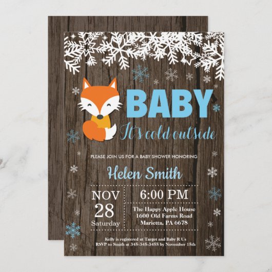 Rustic Fox Winter Boy Baby shower Kaart (Voorkant / Achterkant)