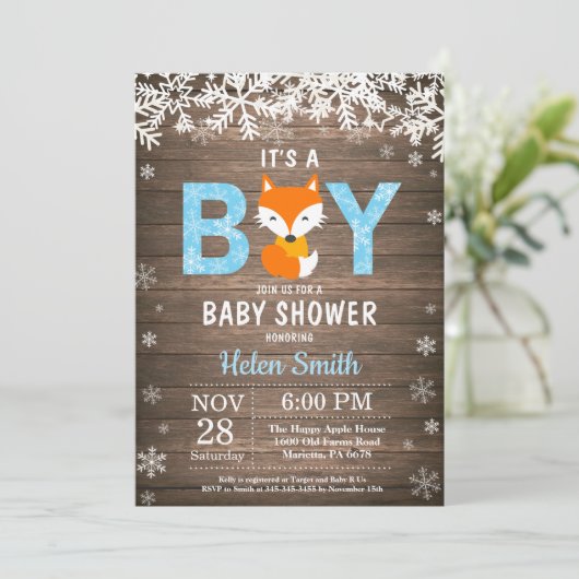Rustic Fox Winter Boy Baby shower Kaart (Staand voorkant)