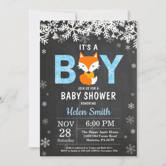 Rustic Fox Winter Boy Baby shower Kaart (Voorkant)