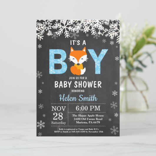 Rustic Fox Winter Boy Baby shower Kaart (Staand voorkant)