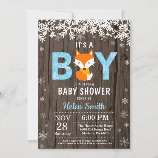 Rustic Fox Winter Boy Baby shower Kaart (Voorkant)