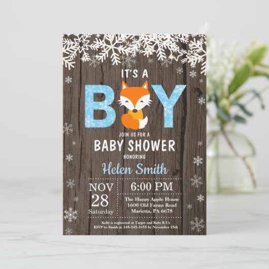 Rustic Fox Winter Boy Baby shower Kaart (Staand voorkant)