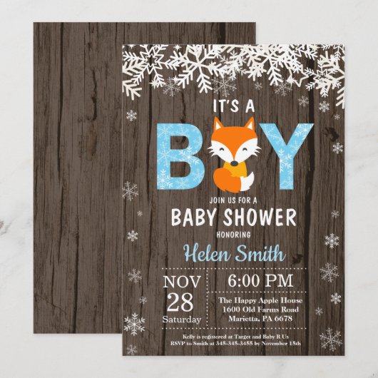 Rustic Fox Winter Boy Baby shower Kaart (Voorkant / Achterkant)
