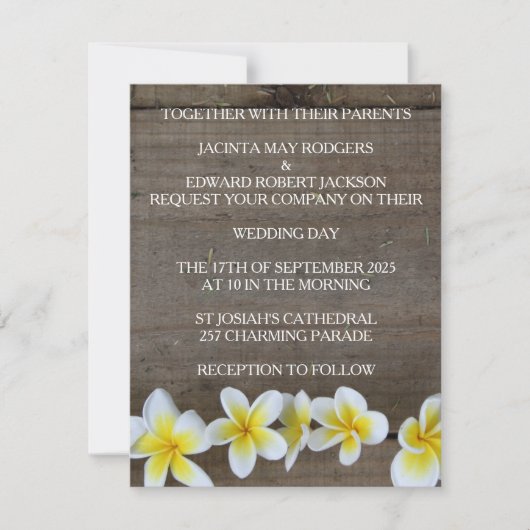 Rustic Frangipani / Plumeria Beach Wedding Invites Kaart (Voorkant)