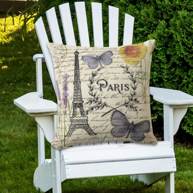 rustic french country scripts paris eiffel tower buitenkussen (rustic french country scripts paris eiffel tower outdoor pillow)