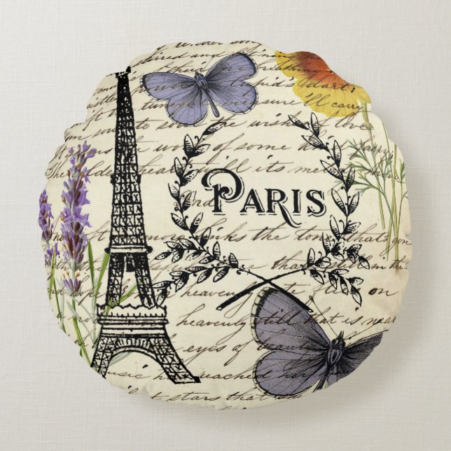 rustic french country scripts paris eiffel tower rond kussen (Voorkant)