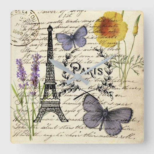 rustic french country scripts paris eiffel tower vierkante klok (Voorkant)