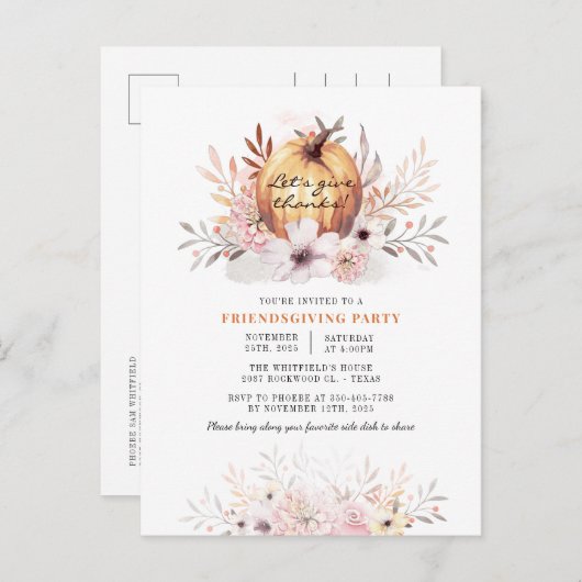 Rustic Friendsgiving Floral Fall Leaves Pumpkin Uitnodiging Briefkaart (Voorkant / Achterkant)