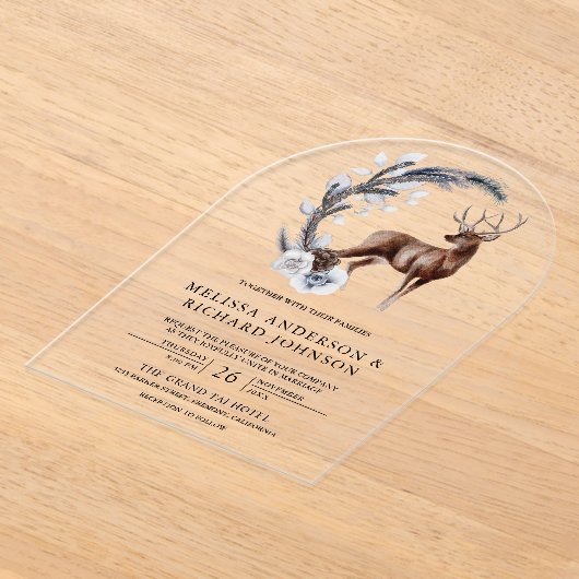 Rustic Frosted Pine Leaves Forest Deer Wedding Acryl Uitnodigingen (Laagn)