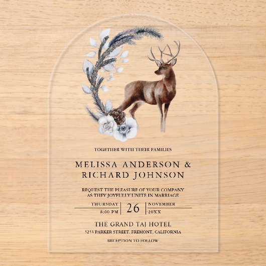 Rustic Frosted Pine Leaves Forest Deer Wedding Acryl Uitnodigingen (Voorkant)