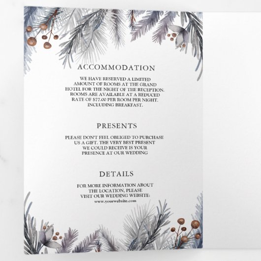 Rustic Frosted Pine Leaves Forest Deer Wedding Drieluik Uitnodiging (Binnenzijde eerst)