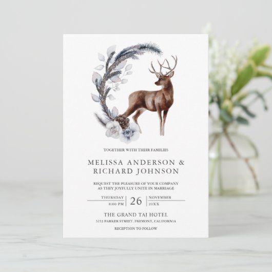 Rustic Frosted Pine Leaves Forest Deer Wedding Kaart (Staand voorkant)