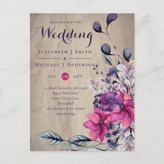 Rustic Fuchsia Floral Woodland Wedding Briefkaart (Voorkant)
