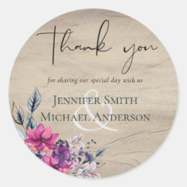 Rustic Fuchsia Floral Woodland Wedding Ronde Sticker