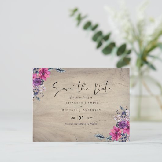 Rustic Fuchsia Floral Woodland Wedding Save Data Briefkaart (Staand voorkant)