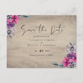 Rustic Fuchsia Floral Woodland Wedding Save Data Briefkaart