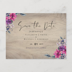 Rustic Fuchsia Floral Woodland Wedding Save Data Briefkaart