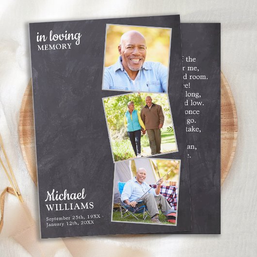 Rustic Funeral Custom 3 Photo Memorial Prayer Kaar