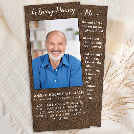 Rustic Funeral Photo Leather Memorial Prayer Kaart