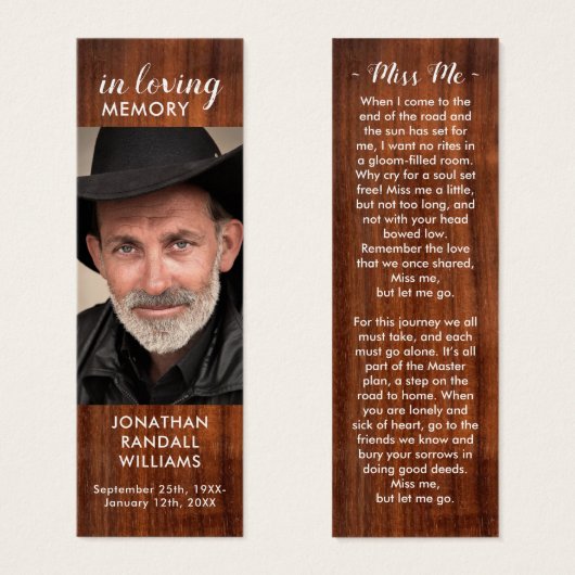 Rustic Funeral Photo Memorial Prayer Bladwijzer Mini Visitekaartjes (Voorkant /achterkant)