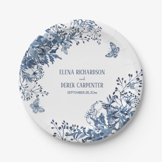 Rustic Garden Blue White Waterverf Floral Wedding Papieren Bordje (Voorkant)