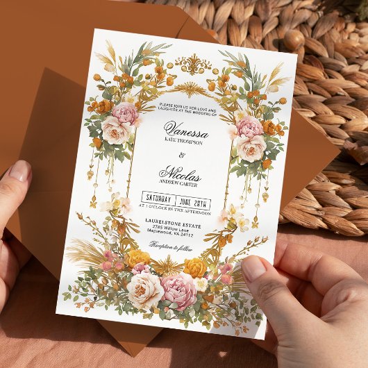 Rustic Garden Estate Blush Gold Floral Wedding Kaart