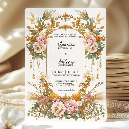 Rustic Garden Estate Blush Gold Floral Wedding Kaart