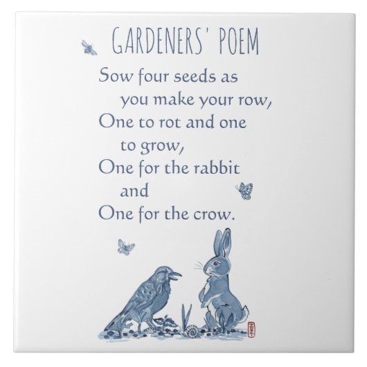 Rustic Gardener's Poem Blue & White Rabbit Crow Tegeltje (Voorkant)