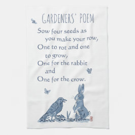 Rustic Gardener's Poem Blue & White Rabbit Crow Theedoek