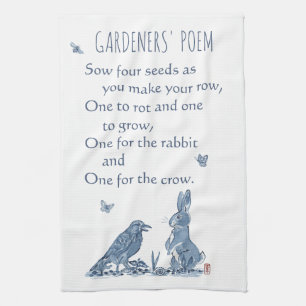 Rustic Gardener's Poem Blue & White Rabbit Crow Theedoek