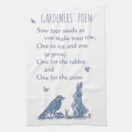 Rustic Gardener's Poem Blue & White Rabbit Crow Theedoek (Verticaal)
