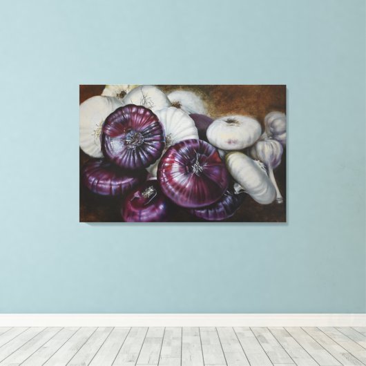 Rustic Garlic and Onion Still Life – Fine Art Canvas Afdruk (Insitu (Houten vloer))