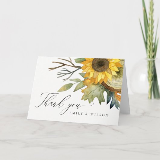 RUSTIC GEEL SUNFLOWER FLORAL WATERVERF WEDING BEDANKKAART (Voorkant)