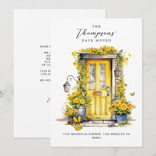Rustic Gele Bloemendeur We Zijn Verhuisd Verhuizen Aankondiging (Voorkant / Achterkant)